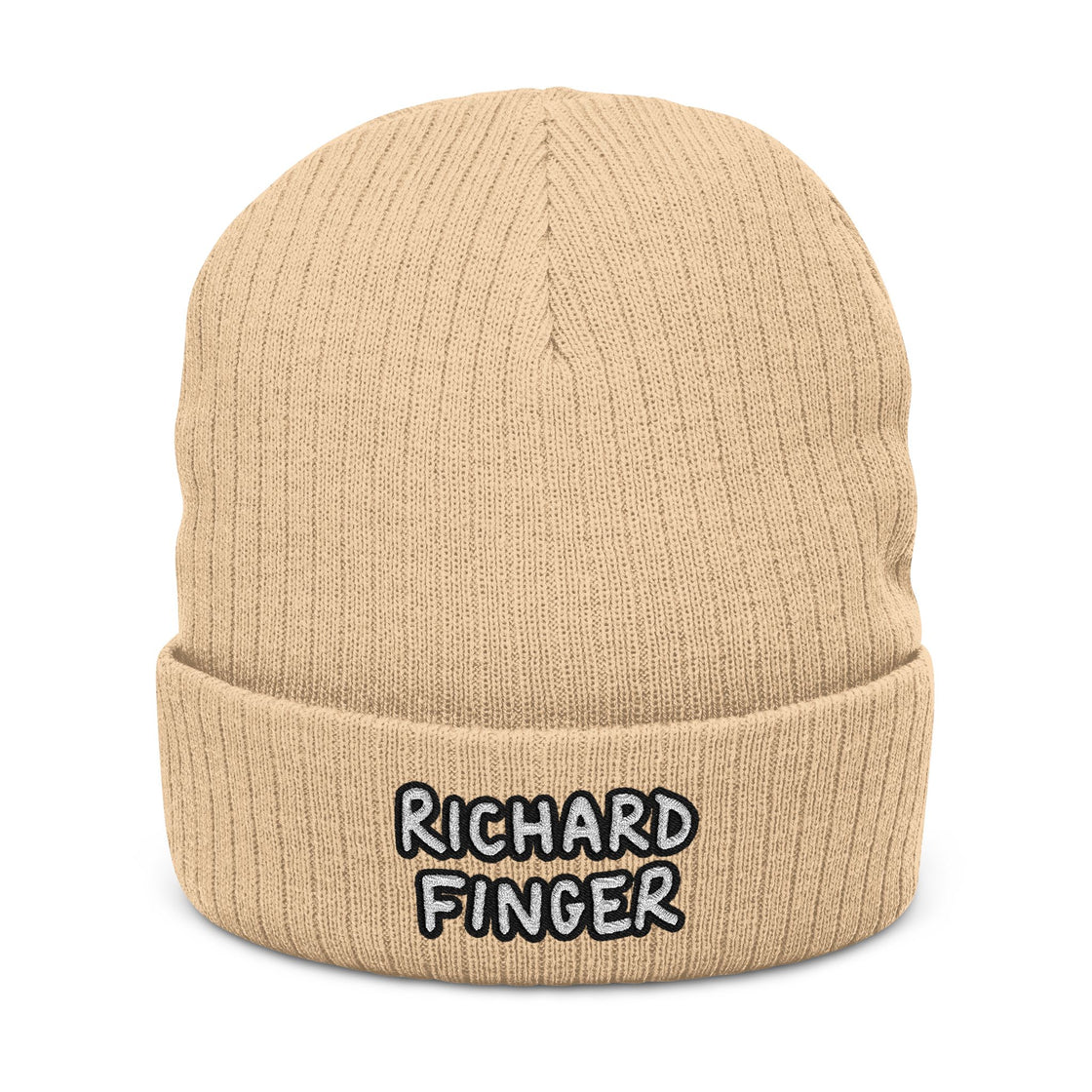 Richard Finger Embroidered Ribbed Knit Beanie, Cozy Winter Accessory, Unique Gift for Him, Casual Street Style, Beanie for Outdoor Activities