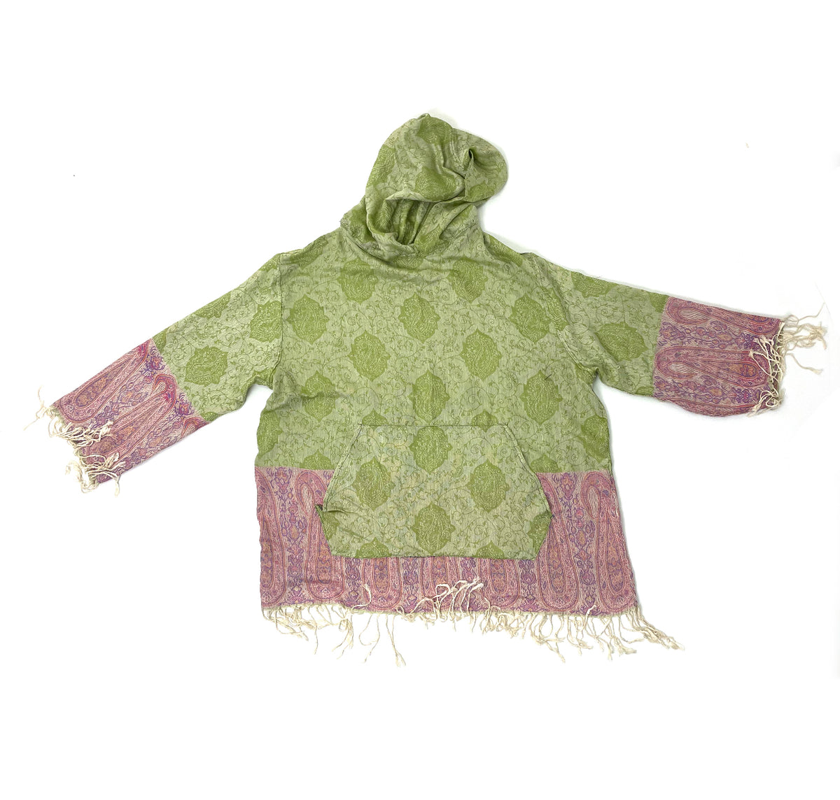 Green & Pink Pashmina Hoodie – Handmade Festival & Rave Wear with Fringe Trim
