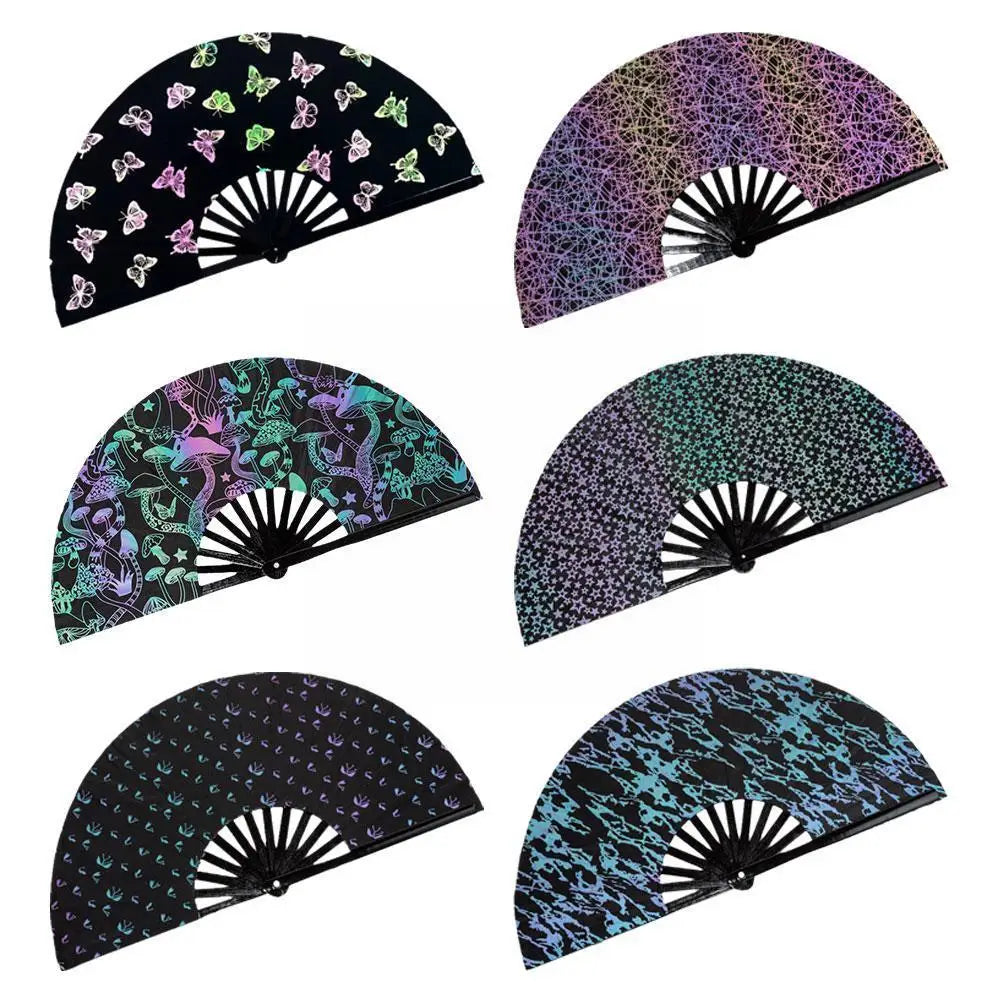 Reflective Rainbow Holographic Large Rave Folding Hand Fan Clack Fan for Festivals and Performances Lightweight and Z0H3