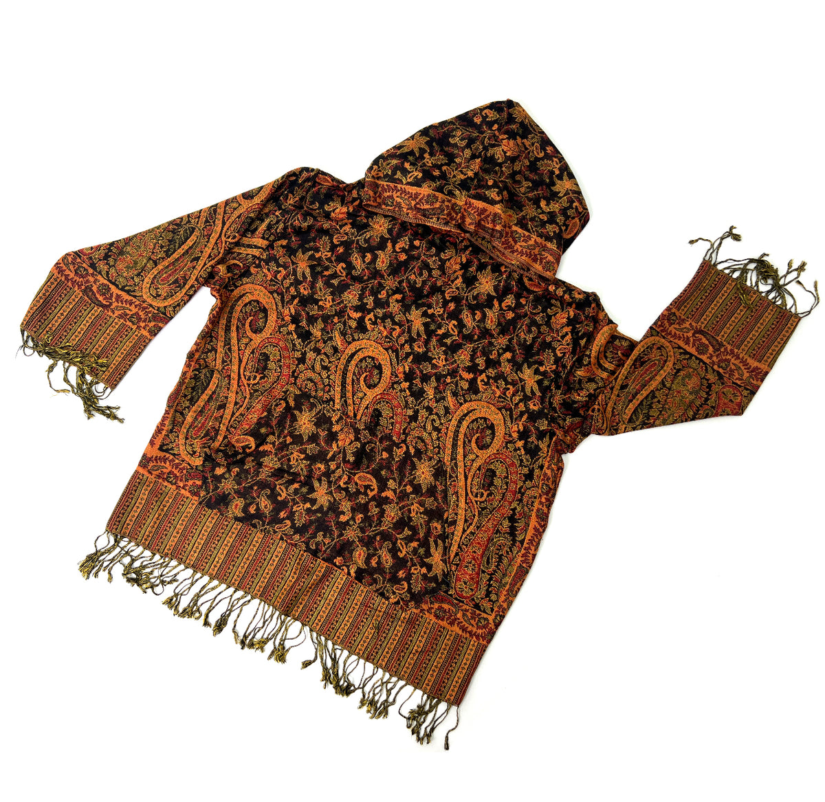 Black & Orange Paisley Pashmina Hoodie – Handmade Festival & Rave Wear with Fringe Trim