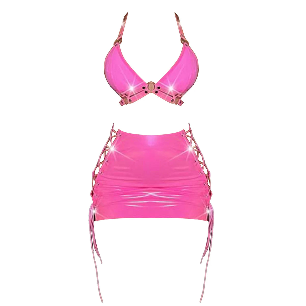 Women's 2Pcs Patent Leather Outfits Halter Neck Backless Bra Crop Tops with Bodycon Skirts Club Wear Rave Dance Party Dresses