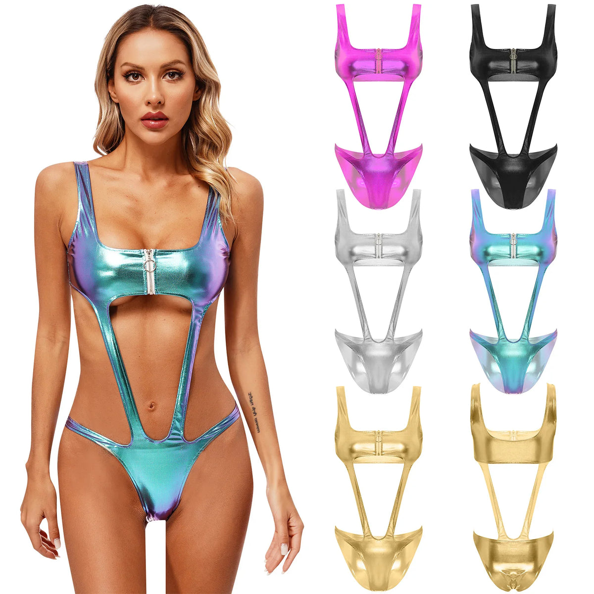 Women Shiny Metallic One Piece Swimsuit Swimwear Cutout Zipper Beachwear Bathing Suit Fitness Bodysuit Jumpsuit for Pool Party