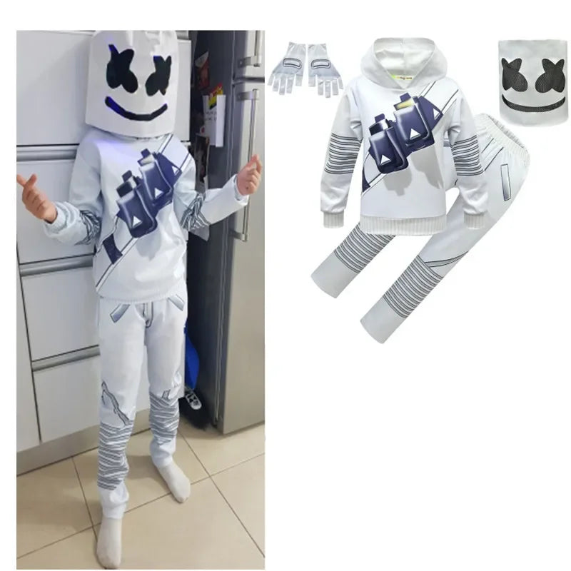 Rave Marshmello Children's Sweatshirt Hooded Suit Smiling Face DJ Cosplay Costumes Boy Halloween Performance Costume For Kids14Y