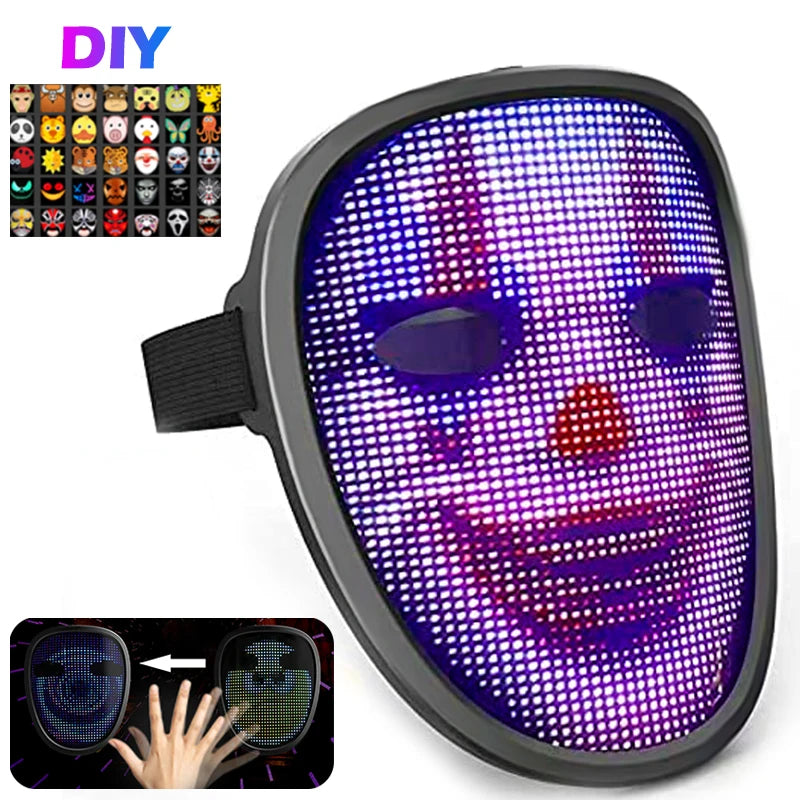 LED Glow Mask With Gesture Sensing RGB Full Color Variable Face DIY Photo Animated Editing Maske Halloween Gift For Party Rave - EDMCLOTHINGSTORE