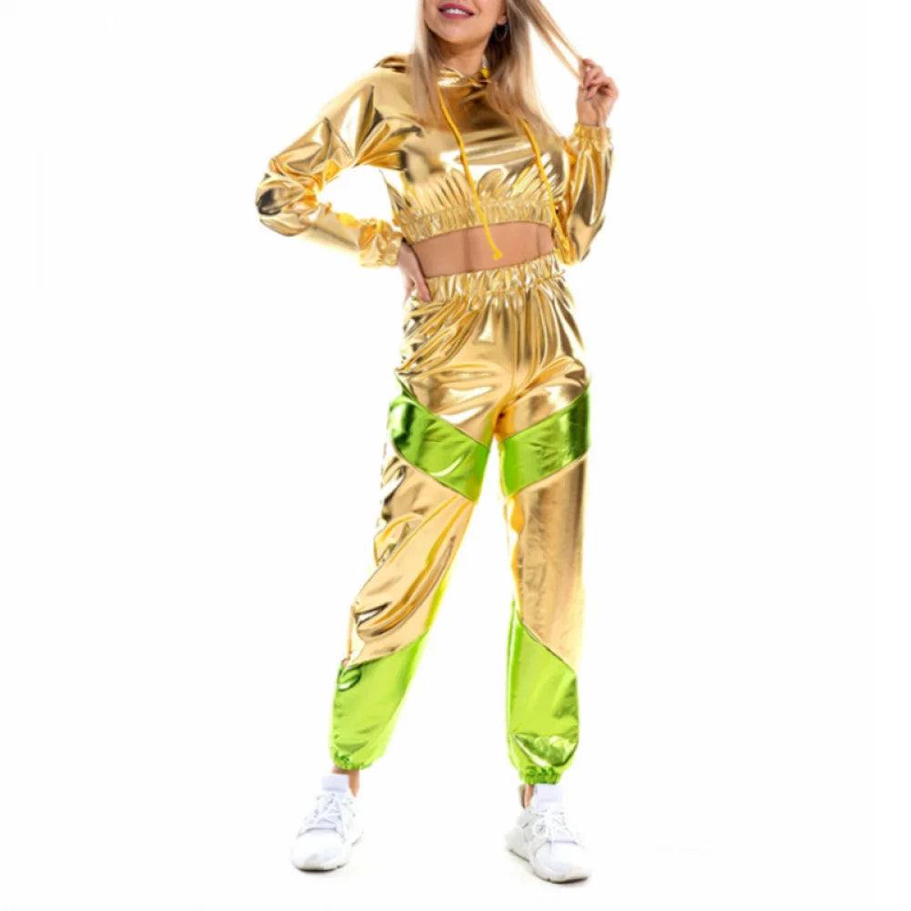 Women's Rave Outfit Shiny Crop Top Hoodie Metallic Casual Long Pants Hooded Workout Sweatshirt Disco Dance Clubwear