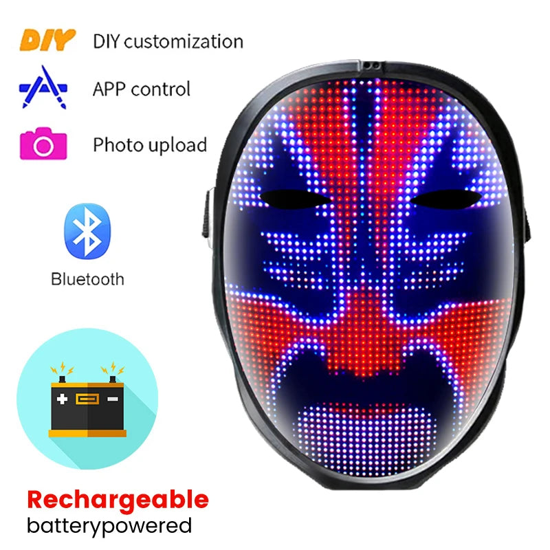 LED Glow Mask With Gesture Sensing RGB Full Color Variable Face DIY Photo Animated Editing Maske Halloween Gift For Party Rave - EDMCLOTHINGSTORE