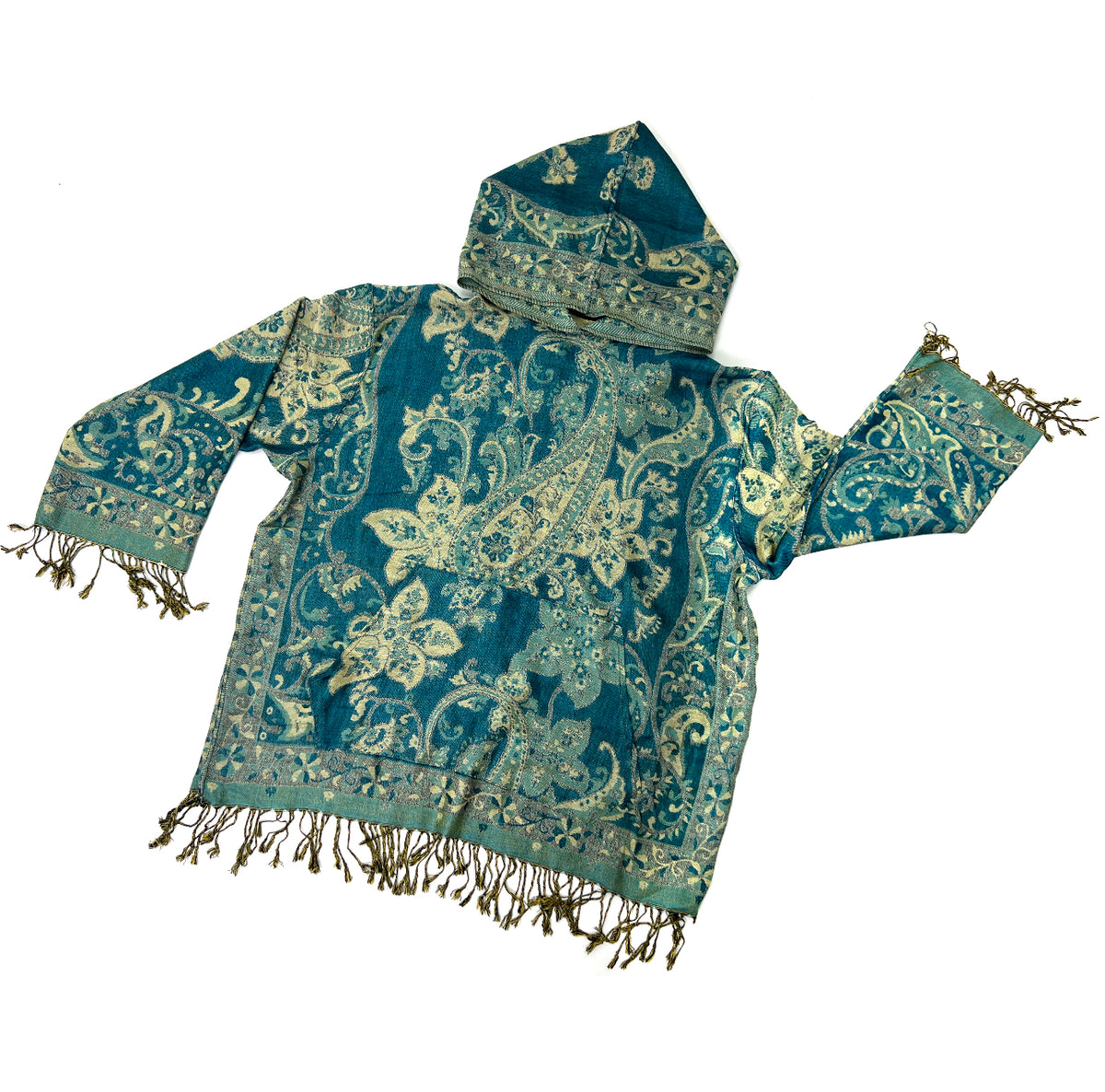 Teal Floral Paisley Pashmina Hoodie – Handmade Festival & Rave Wear with Fringe Trim