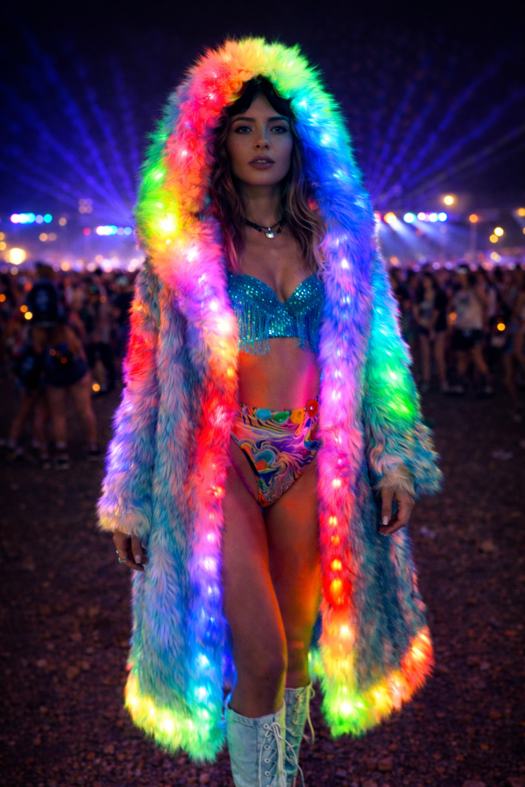 Aurora Luxe™ LED Fur Coat — Ultra-Bright Light-Up Hooded Statement Jacket for EDM & Rave Festivals (Unisex)