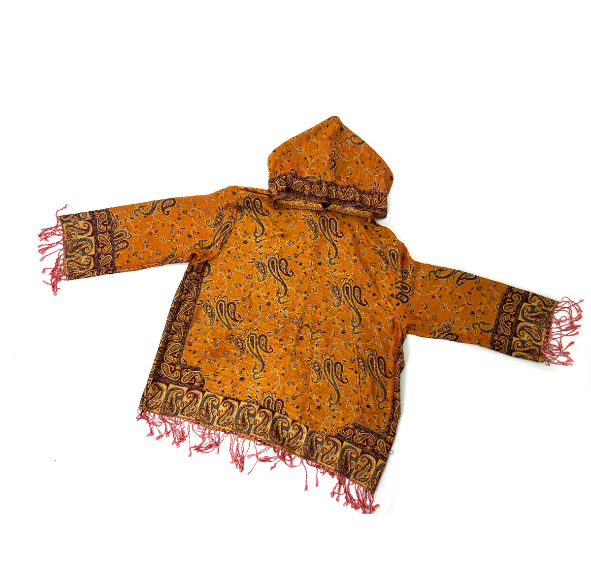 Orange Paisley Pashmina Hoodie – Handmade Festival & Rave Wear with Fringe Trim