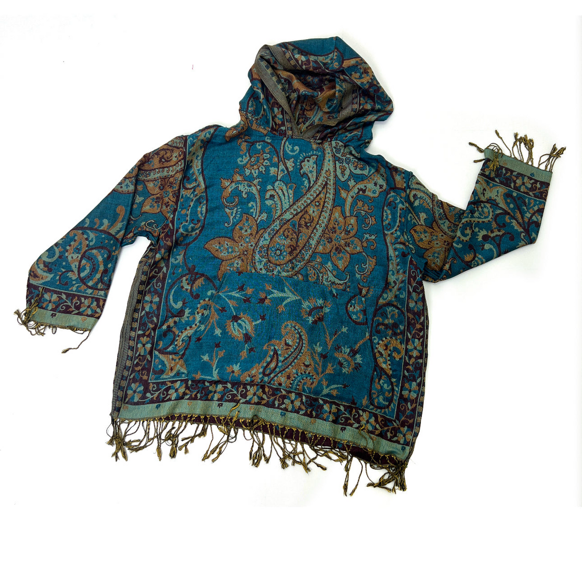 Mystic Forest Teal Wook Pashmina Hoodie – Handmade Festival Flow Wear with Fringe
