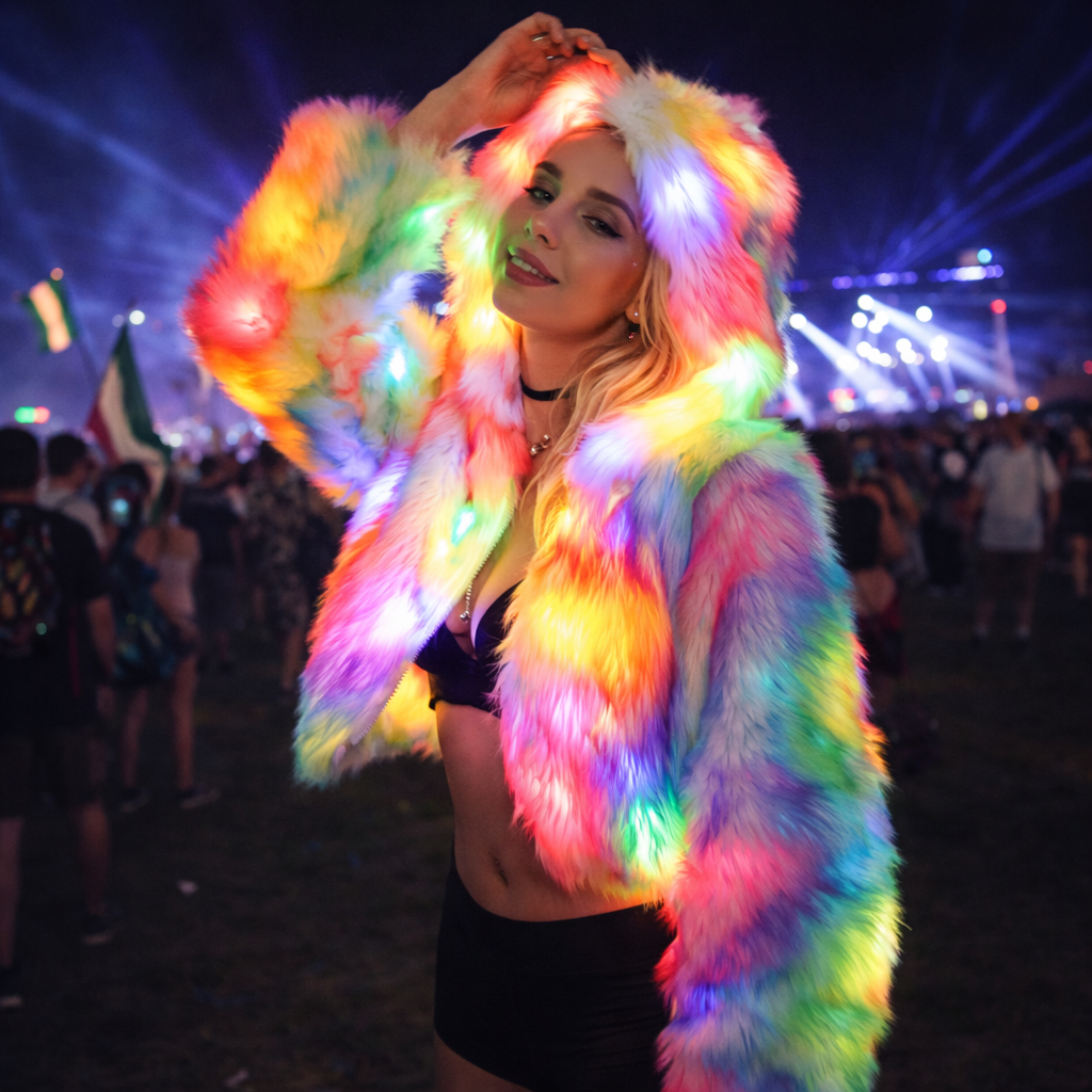 LED Faux Fur Festival Hooded Jacket – Light Up Rave & EDM Outerwear