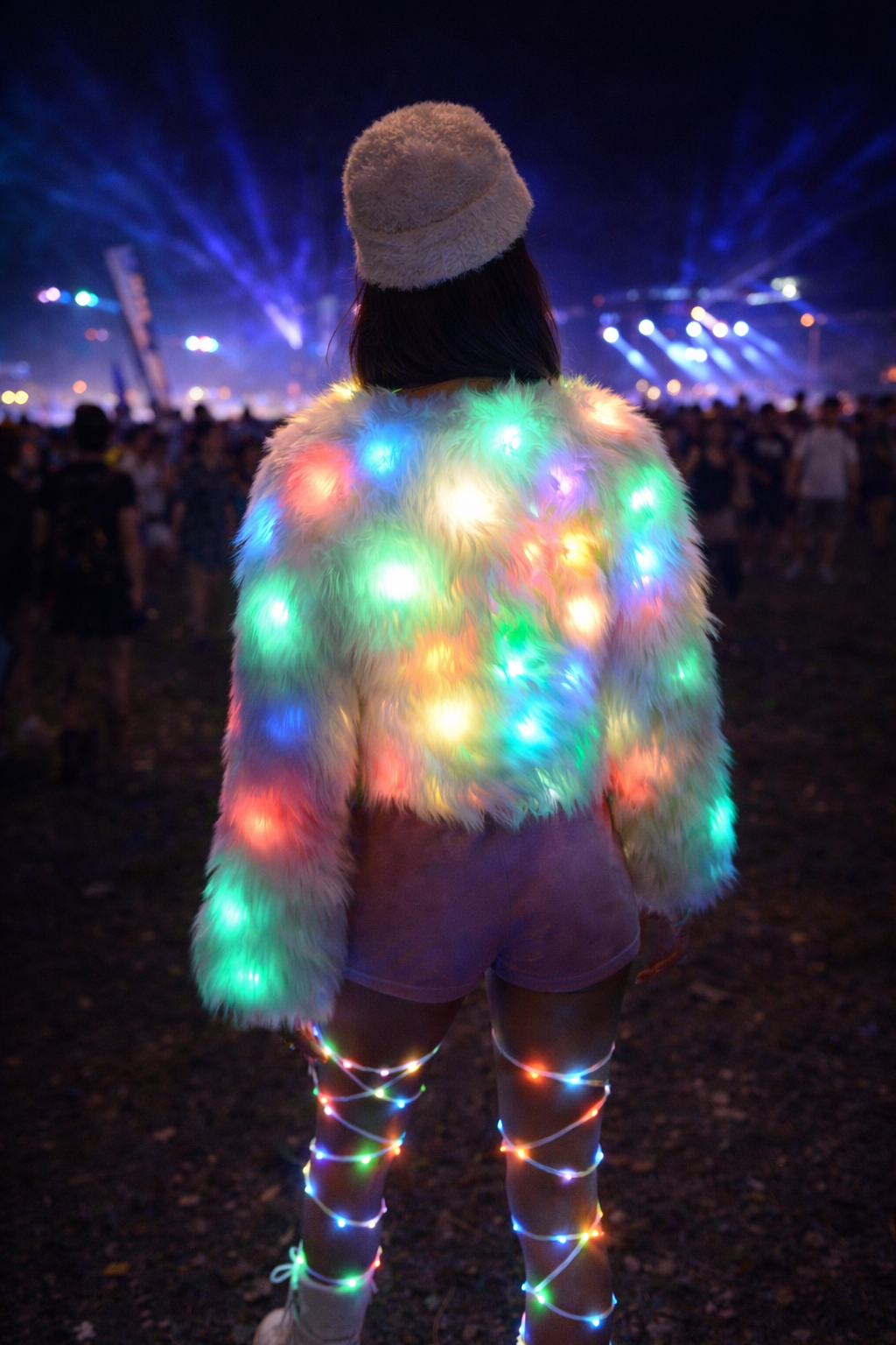 Aurora Glow Open-Front LED Fur Jacket – Light-Up Rave & EDM Festival Coat