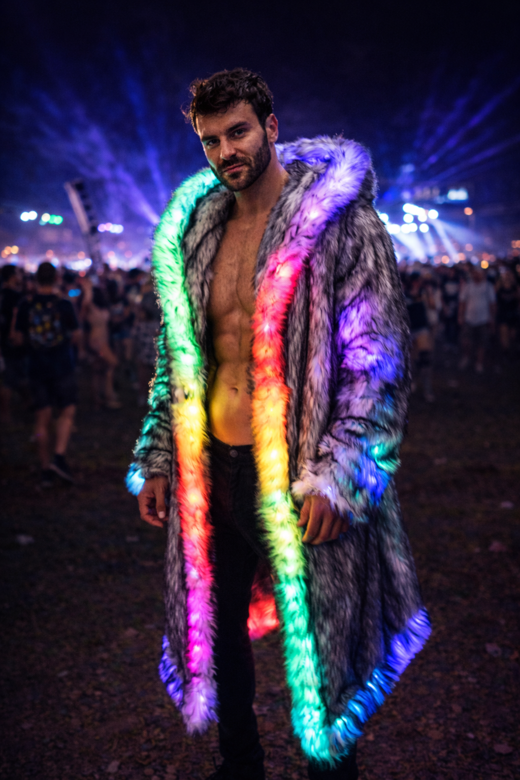 Men’s Aurora Glow LED Fur Coat – Light-Up Open-Front Rave & EDM Festival Jacket