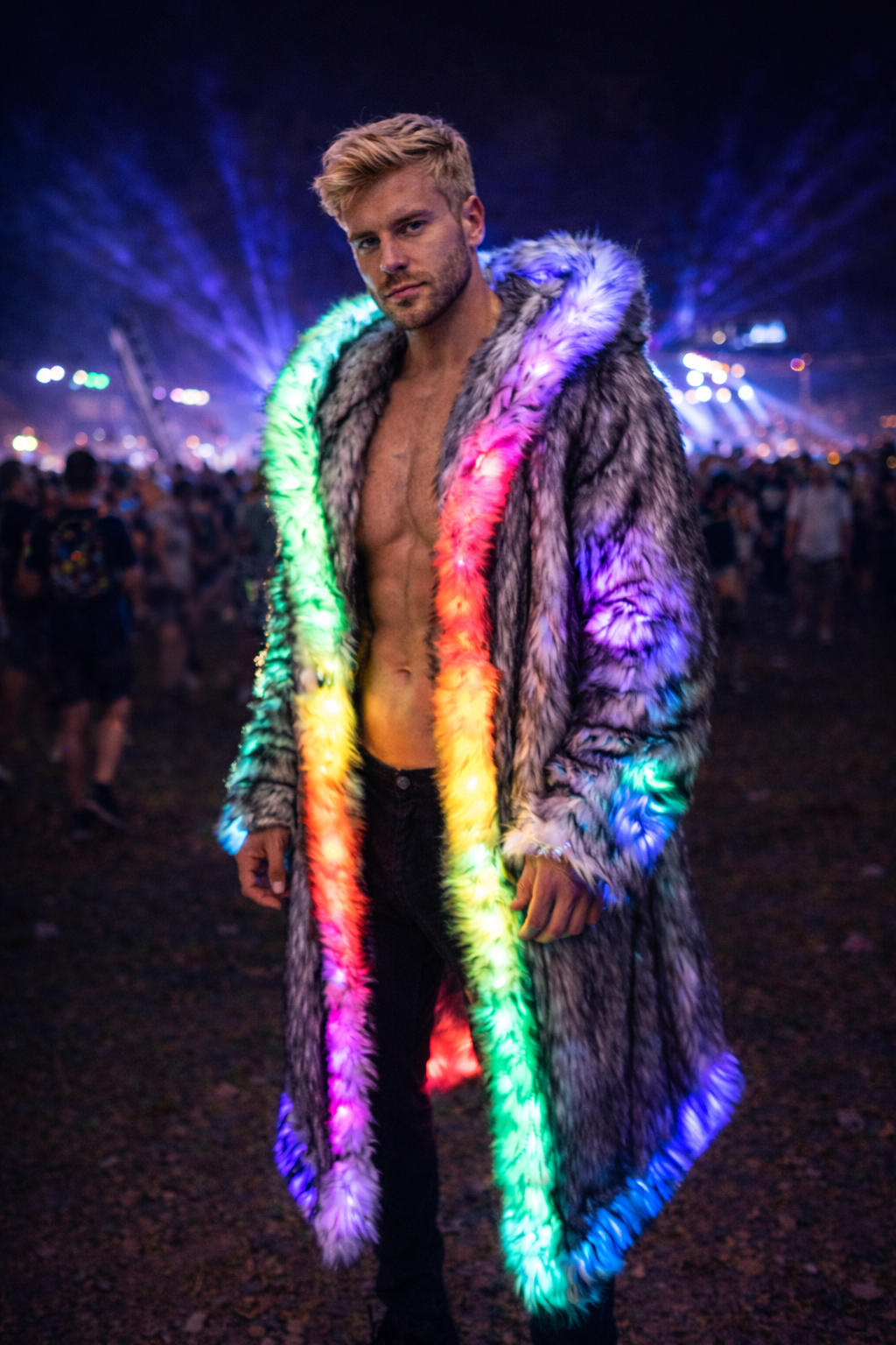 Men’s Aurora Glow LED Fur Coat – Light-Up Open-Front Rave & EDM Festival Jacket