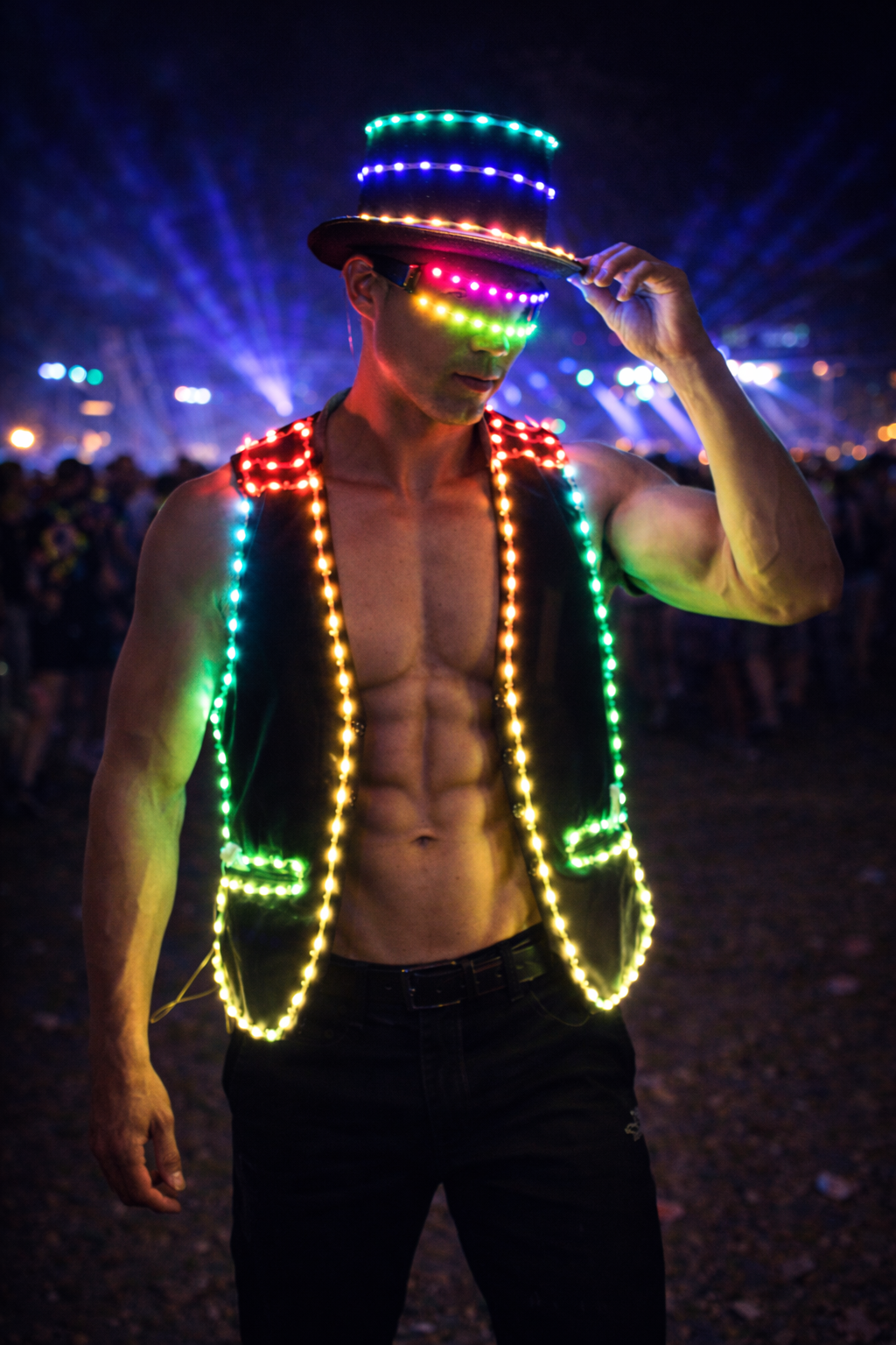 Custom Men’s Open LED Vest, Hat & Glasses Set – Light-Up Rave & EDM Festival Outfit