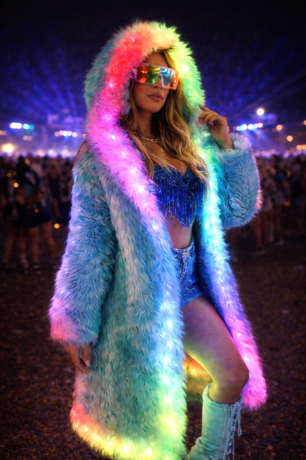 Aurora Luxe™ LED Fur Coat — Ultra-Bright Light-Up Hooded Statement Jacket for EDM & Rave Festivals (Unisex)
