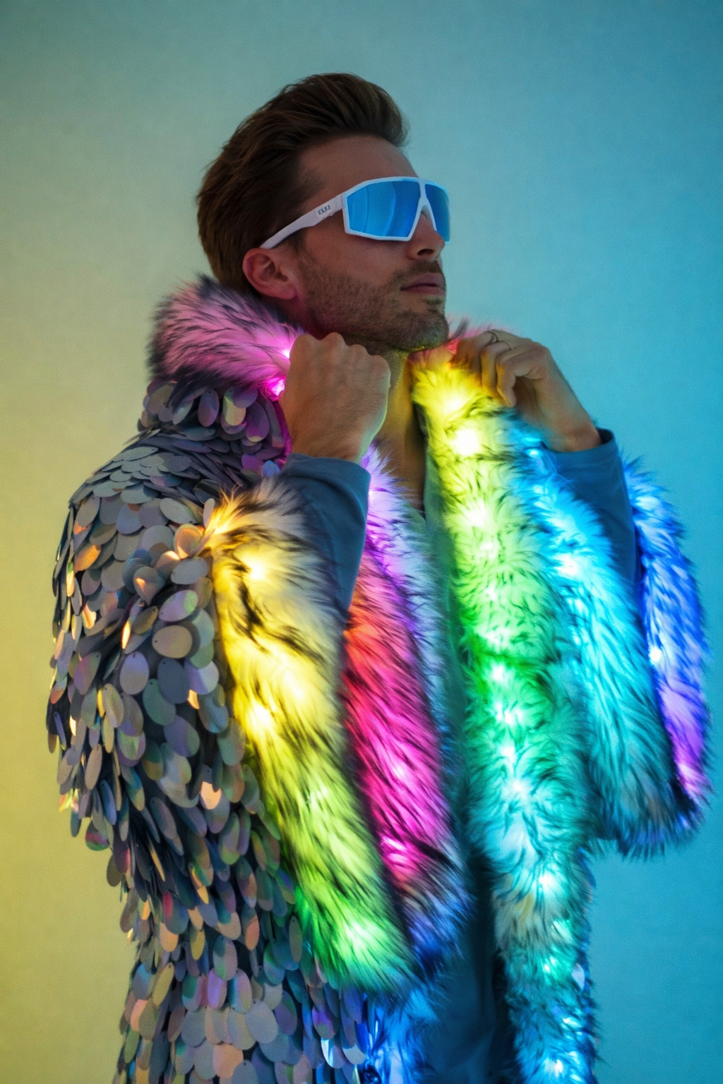 LUXE AURORA™ LED Fur Rave Coat – Unisex Light-Up Festival Statement Jacket