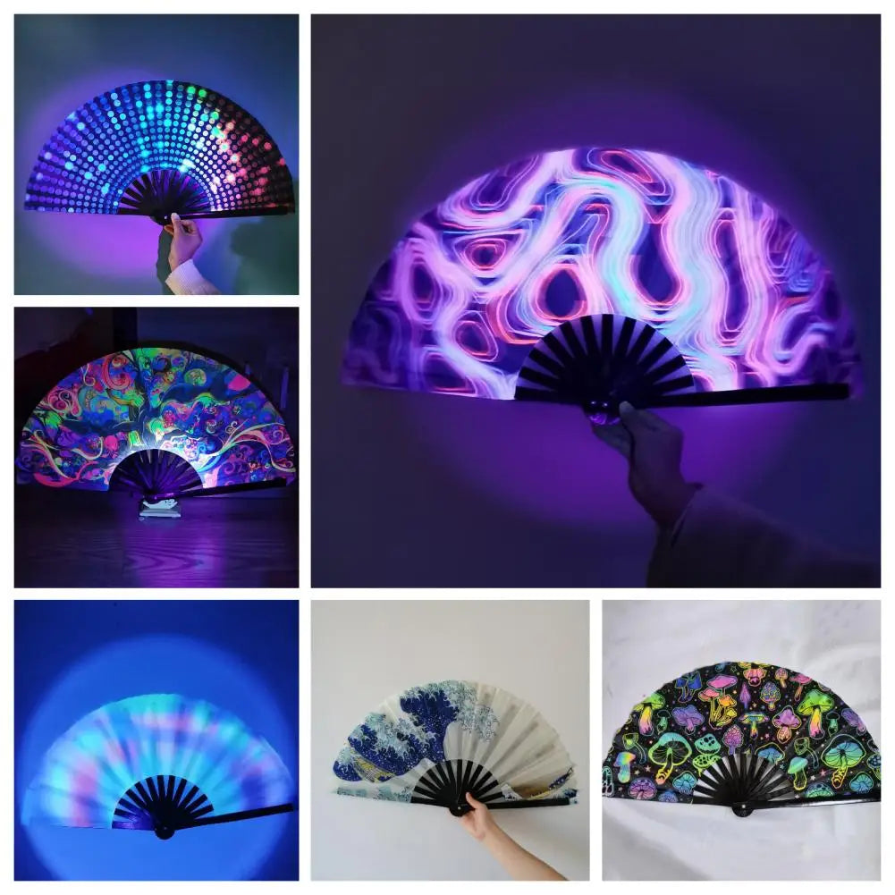 Rave Folding Fan Colorful Holographic EDM Fans Bamboo Hand Fans for Festival Dancing Parties