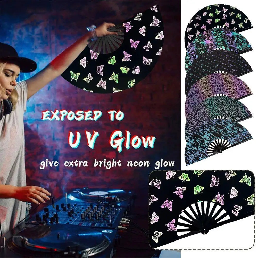 Reflective Rainbow Holographic Large Rave Folding Hand Fan Clack Fan for Festivals and Performances Lightweight and Z0H3