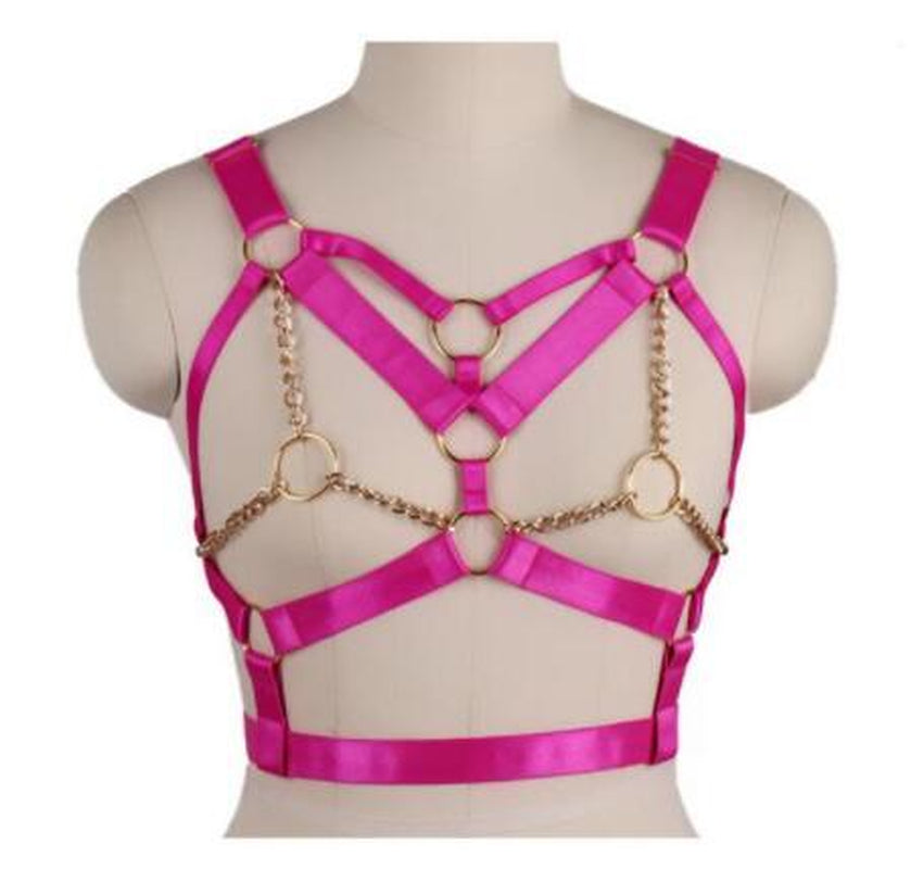 Wine Red Harness Bra Top Punk Gothic Chain Gold Sexy Lingerie Belts Strappy Chest Cage Women Body Bondage plus Size Hollow Out