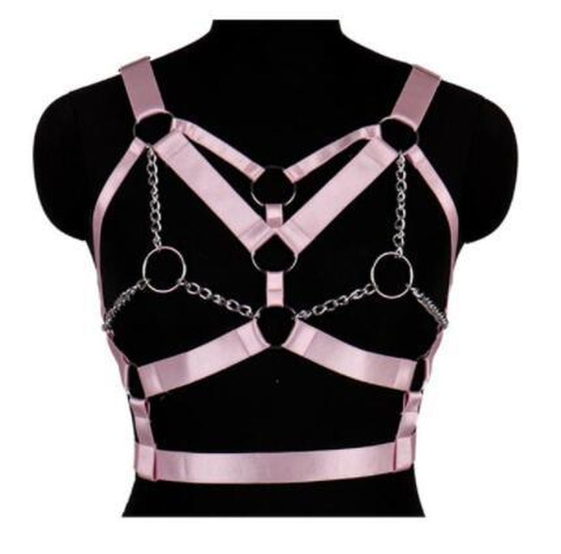 Wine Red Harness Bra Top Punk Gothic Chain Gold Sexy Lingerie Belts Strappy Chest Cage Women Body Bondage plus Size Hollow Out