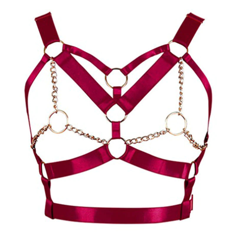 Wine Red Harness Bra Top Punk Gothic Chain Gold Sexy Lingerie Belts Strappy Chest Cage Women Body Bondage plus Size Hollow Out