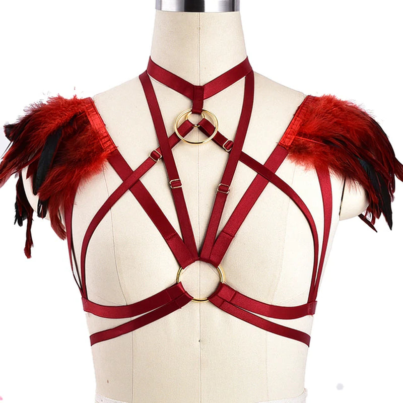 Goth Red Garter Belt Gartlingerie Body Harness Bra Set Strappy Top Halloween Rave Women plus Size Elastic Harness Blet