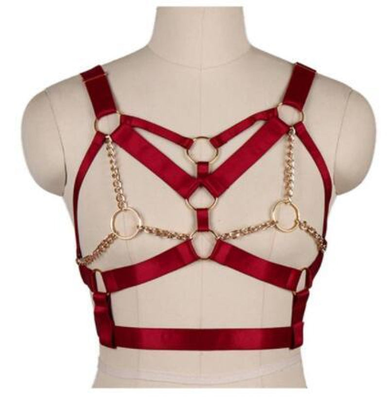 Wine Red Harness Bra Top Punk Gothic Chain Gold Sexy Lingerie Belts Strappy Chest Cage Women Body Bondage plus Size Hollow Out