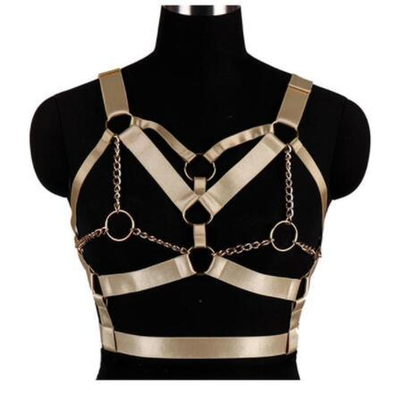 Wine Red Harness Bra Top Punk Gothic Chain Gold Sexy Lingerie Belts Strappy Chest Cage Women Body Bondage plus Size Hollow Out