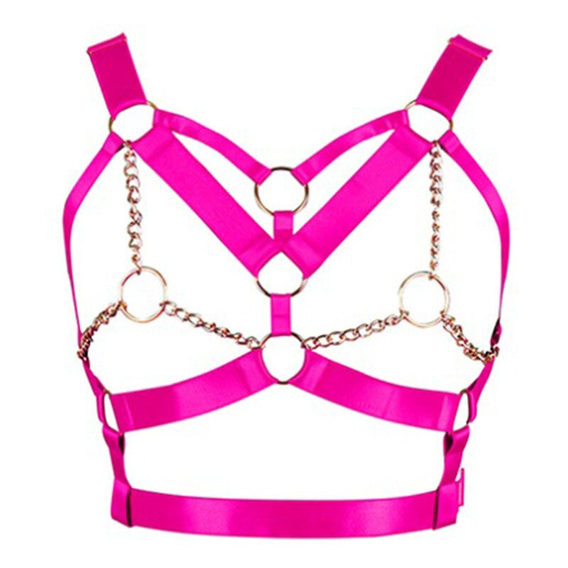 Wine Red Harness Bra Top Punk Gothic Chain Gold Sexy Lingerie Belts Strappy Chest Cage Women Body Bondage plus Size Hollow Out