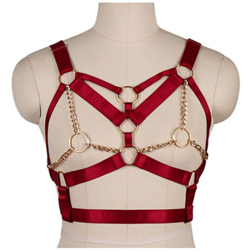 Wine Red Harness Bra Top Punk Gothic Chain Gold Sexy Lingerie Belts Strappy Chest Cage Women Body Bondage plus Size Hollow Out