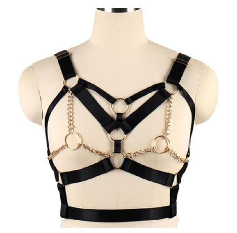 Wine Red Harness Bra Top Punk Gothic Chain Gold Sexy Lingerie Belts Strappy Chest Cage Women Body Bondage plus Size Hollow Out